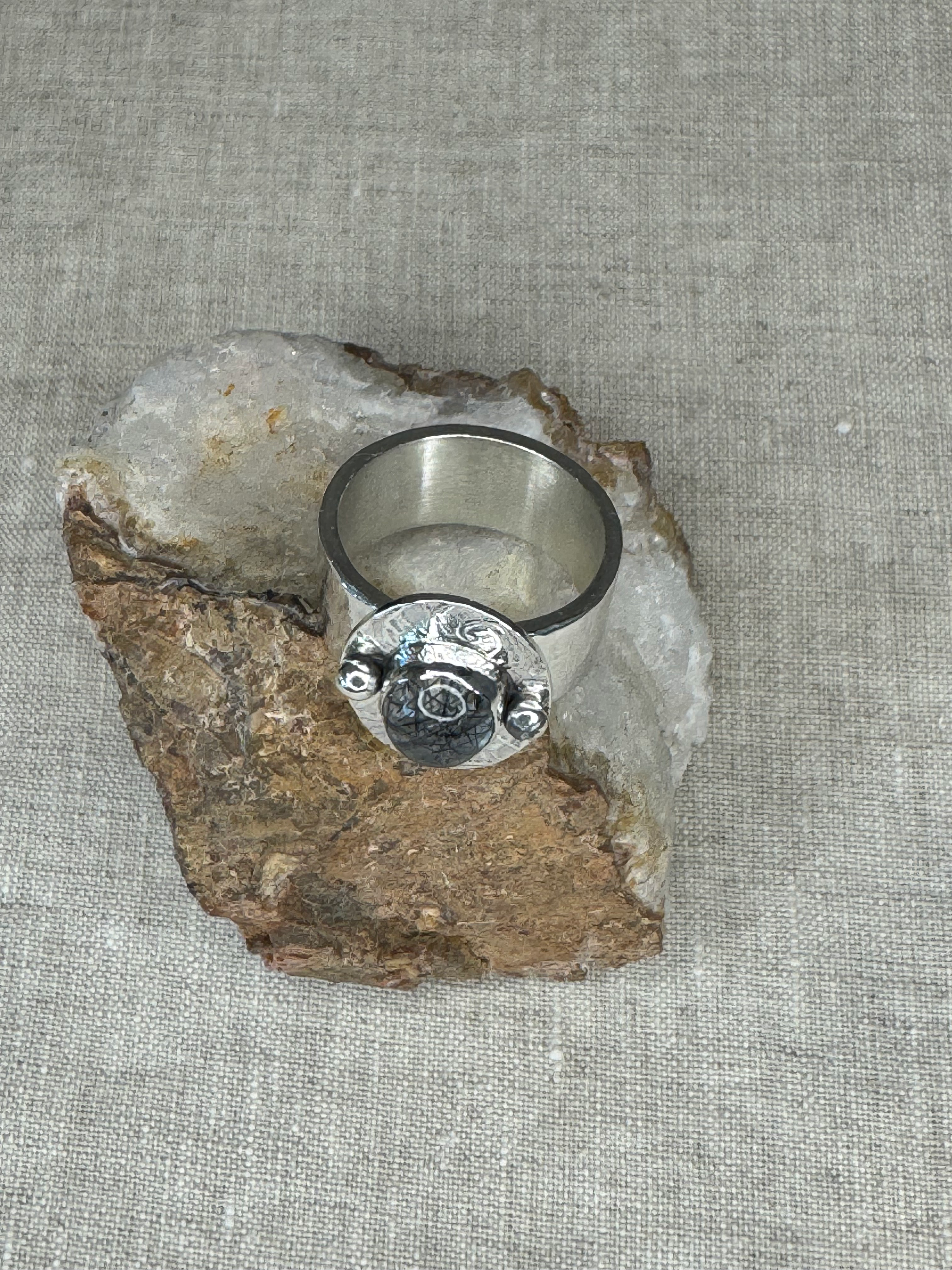 Modern Edge / Tourmalinated Quartz Ring in Sterling Silver
