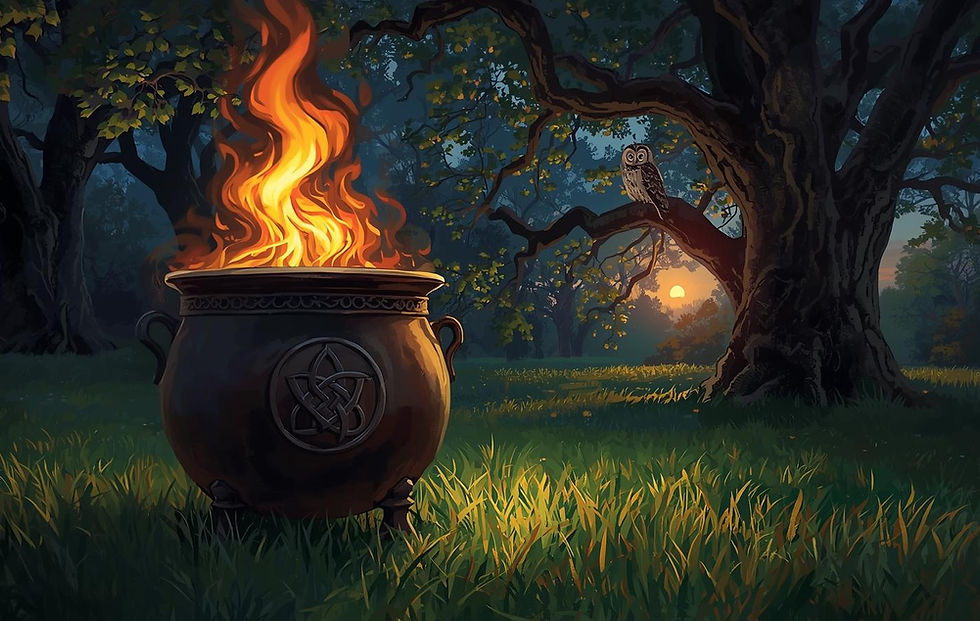 a painterly image of a black cauldron with Celtic knots etched around the rim. An eternal