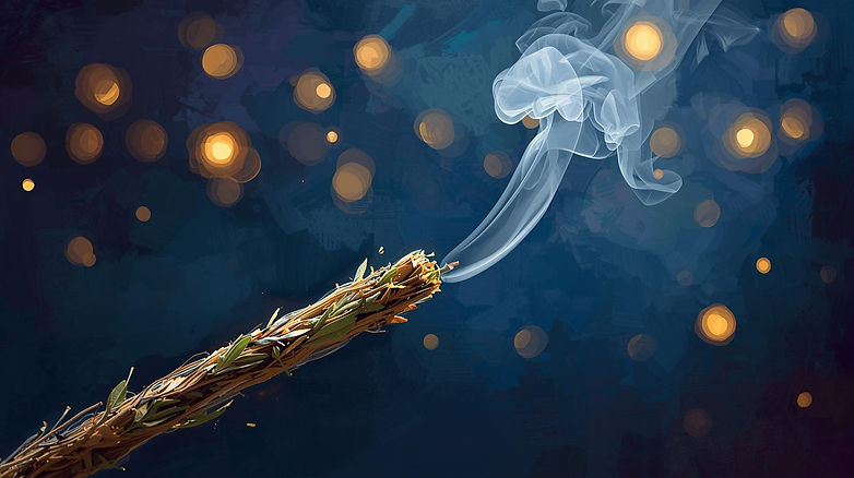a painterly image showing a herbal smudge stick, behind this, festive fairy lights show in