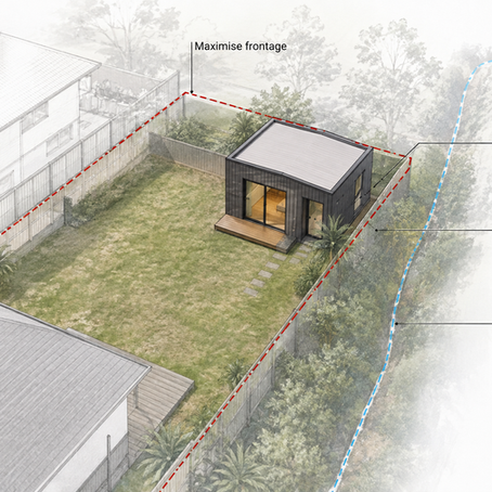A granny flat built close to a rear boundary and stream margin in an East Coast Bays backyard, illustrating why placement isn't automatic.