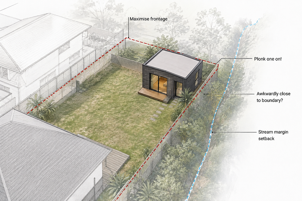 A granny flat built close to a rear boundary and stream margin in an East Coast Bays backyard, illustrating why placement isn't automatic.