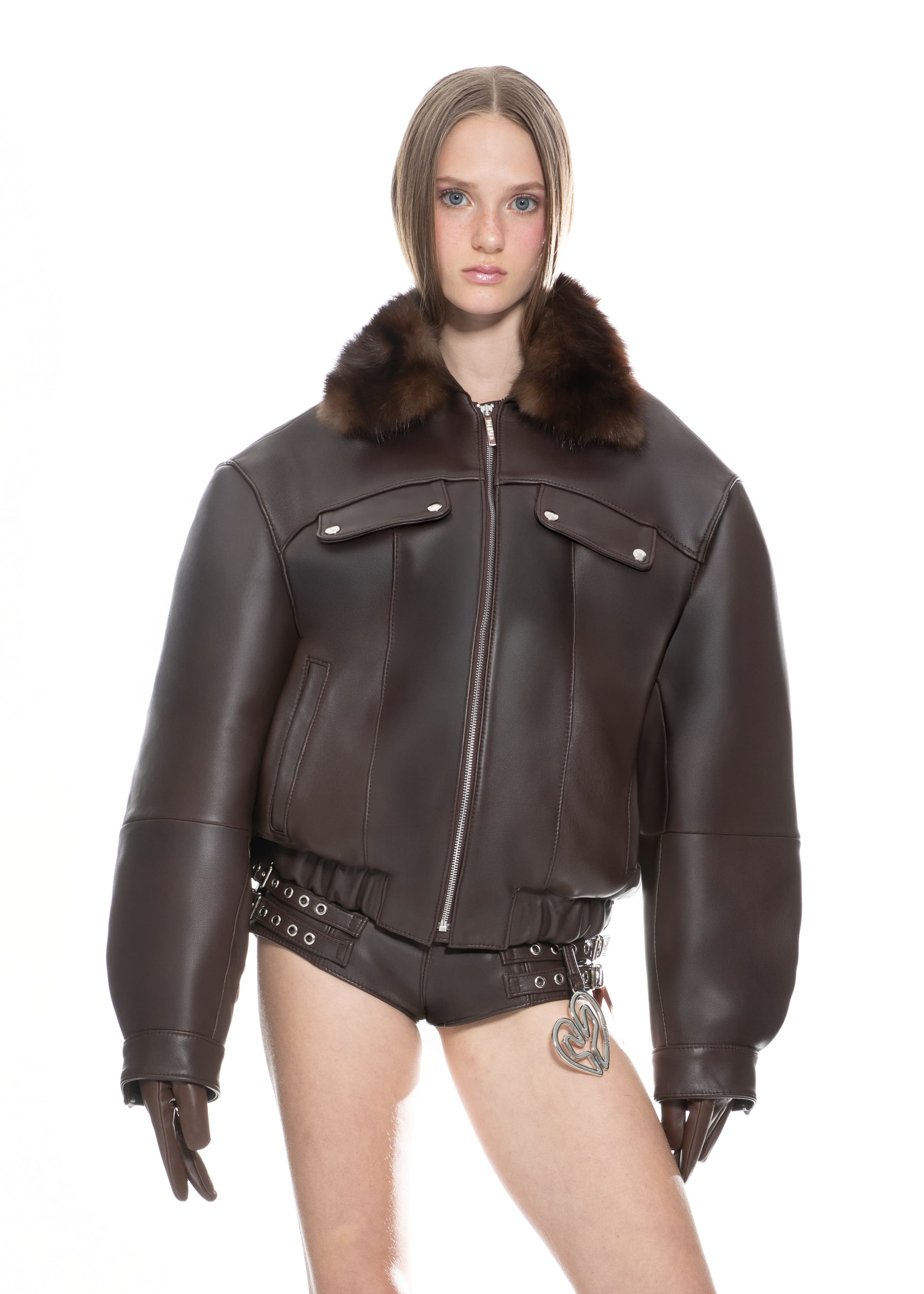 BROWN HARRINGTON JACKET WITH REMOVABLE FUR COLLAR
