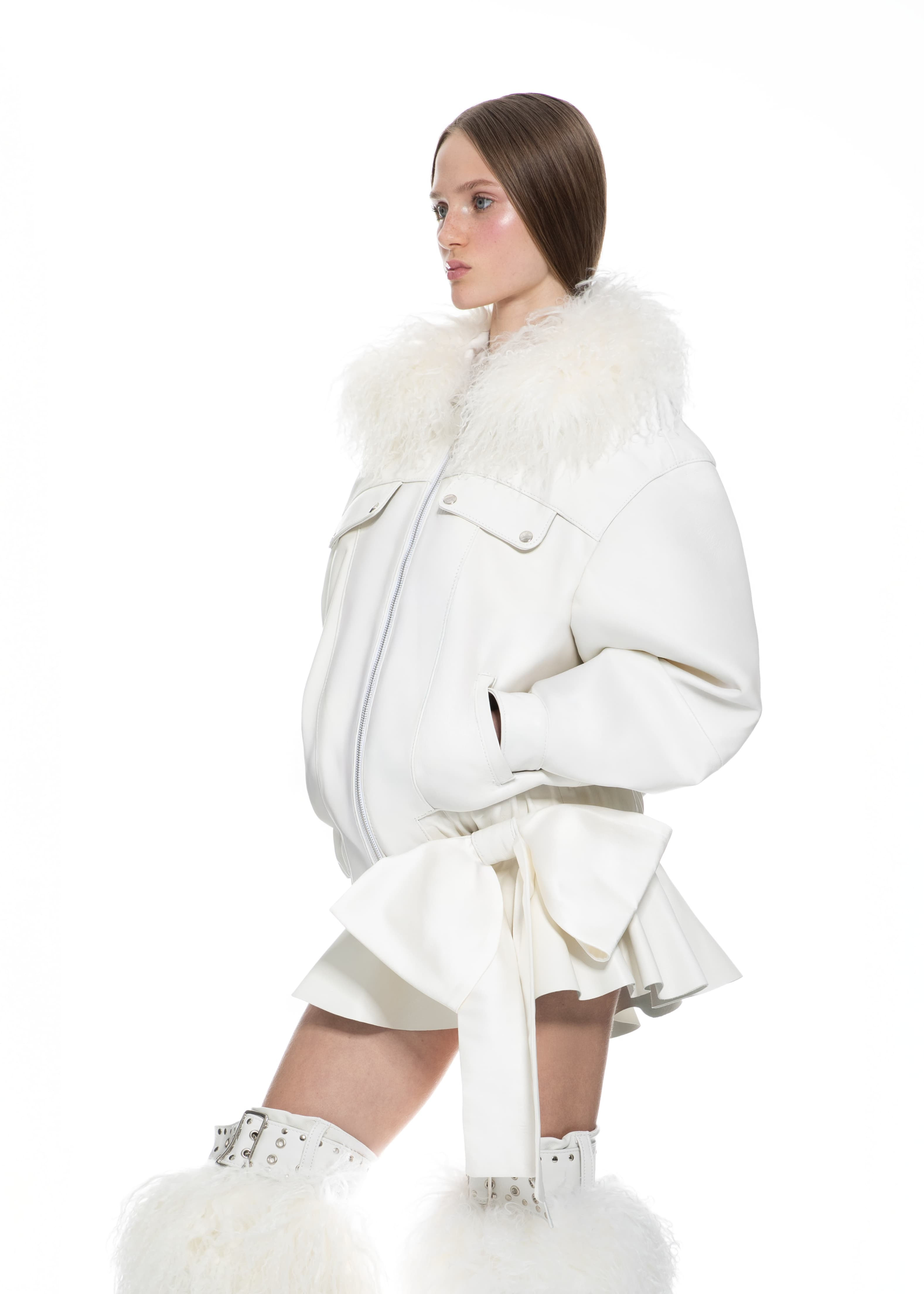 WHITE HARRINGTON JACKET WITH REMOVABLE FUR COLLAR