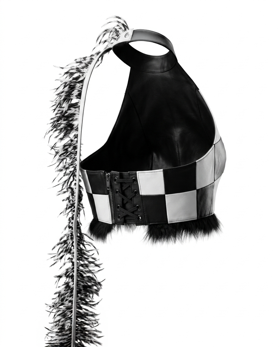 Miniatura: BLACK AND WHITE CHECKERED TOP WITH FEATHERS