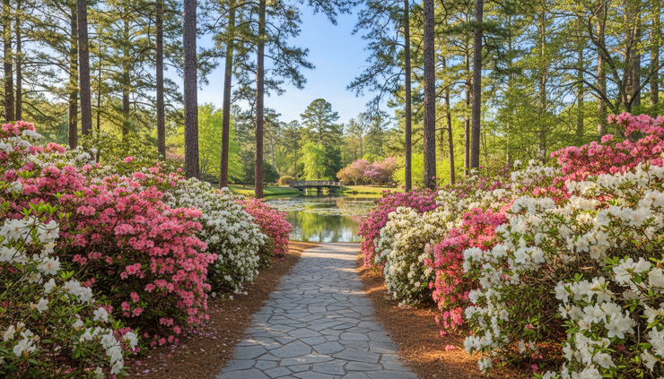 Eye-level view of blooming azaleas along a walking path in Summerville.