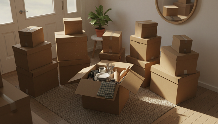 Overhead view of moving boxes in a bright entryway