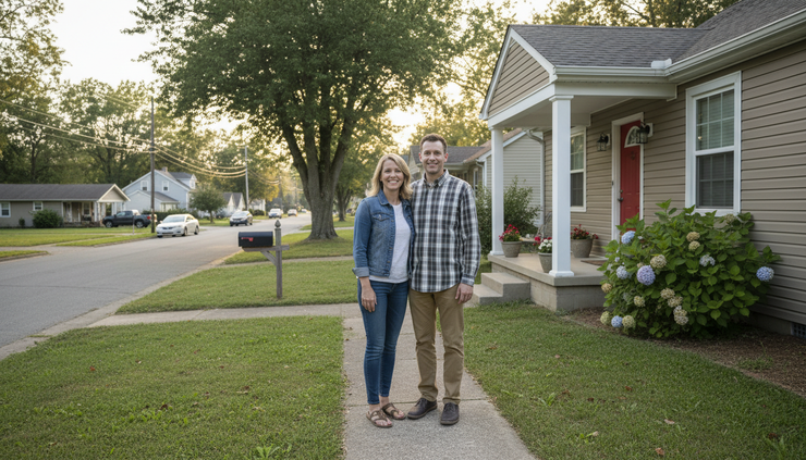 Eye-level view of a couple standing outside a modest first home