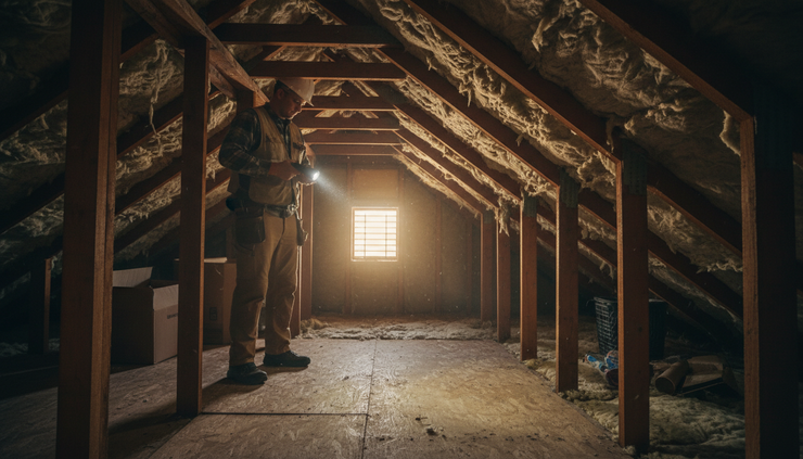 Eye-level view of an inspector looking into an attic with a flashlight.