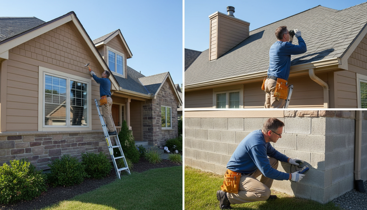 Wide-angle view of a home inspector checking the exterior of a suburban house.