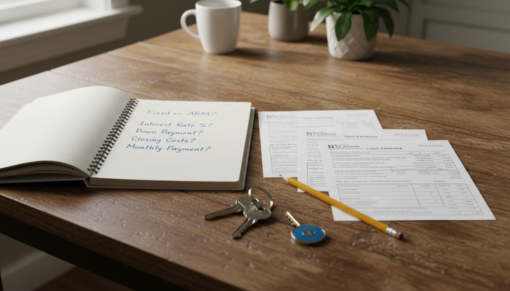 Eye-level view of a notebook with handwritten loan questions beside house keys.