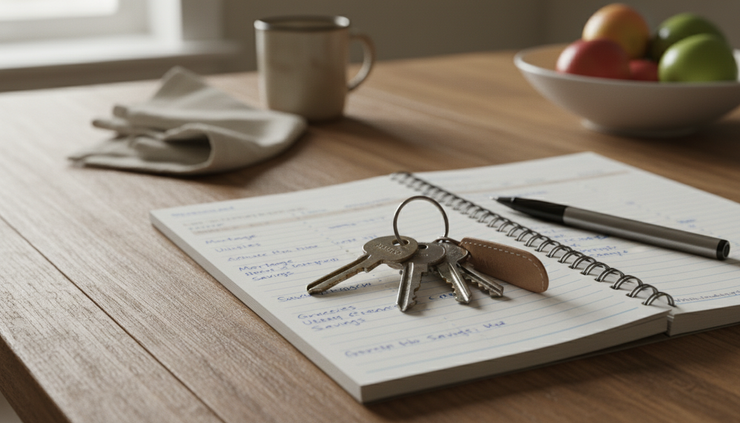 Close-up view of keys and a handwritten home budget on a kitchen table