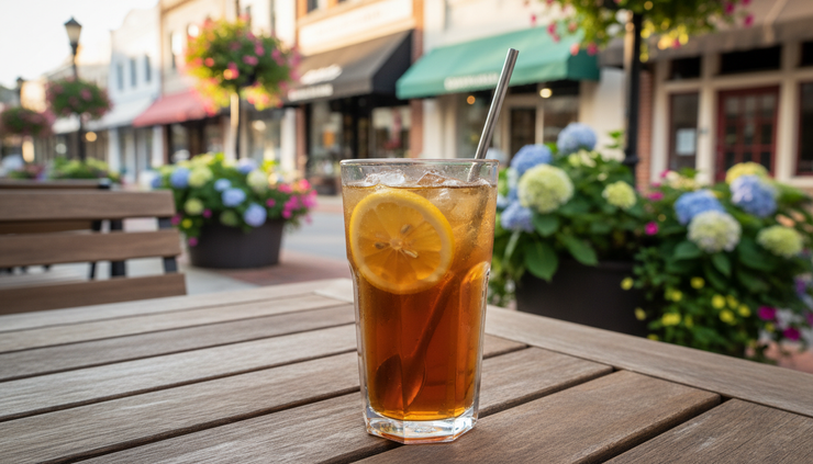 Close-up view of a glass of sweet tea on an outdoor table in Summerville.
