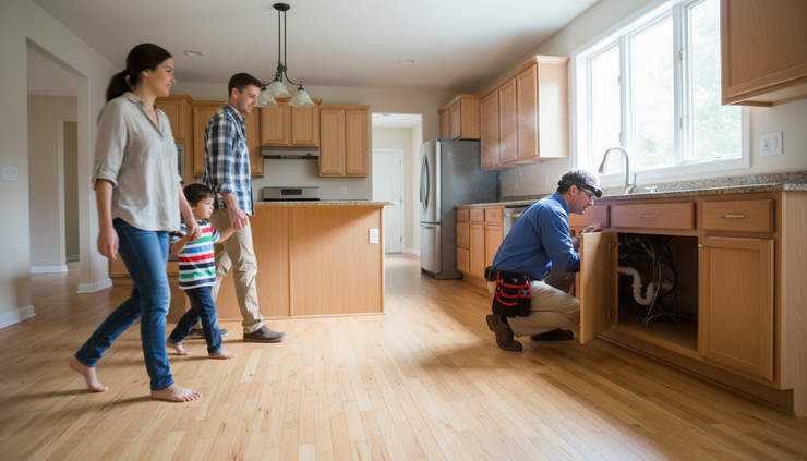 Wide-angle view of a family walking through an empty kitchen with an inspector nearby.