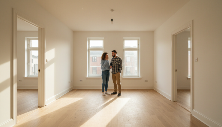 Wide-angle view of a small living room during a first home tour