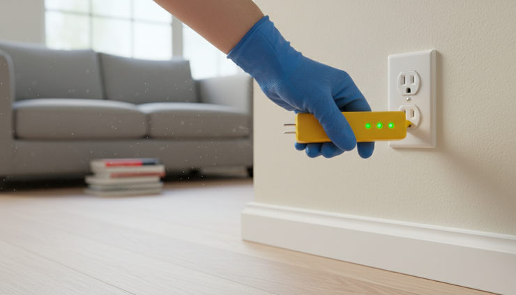 Close-up view of a gloved hand testing an electrical outlet in a living room.