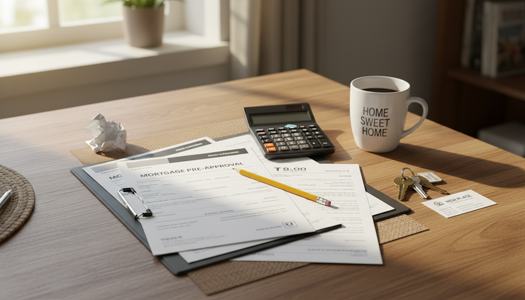 Overhead view of mortgage papers and a calculator on a kitchen table.