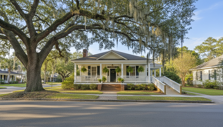 Wide-angle view of an accessible Charleston home with a front ramp and raised porch.