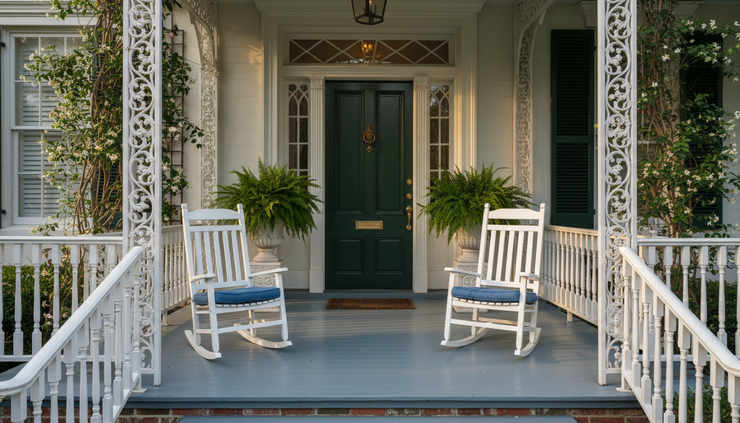 Eye-level view of a small Charleston front porch with clean furniture and potted plants