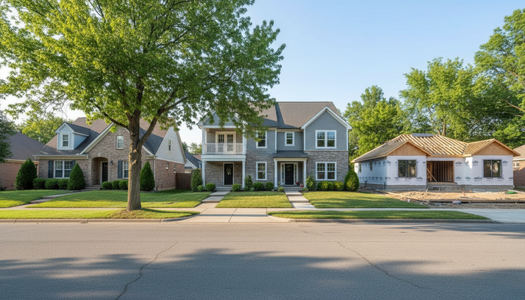 Wide-angle view of a quiet residential street with different home styles.