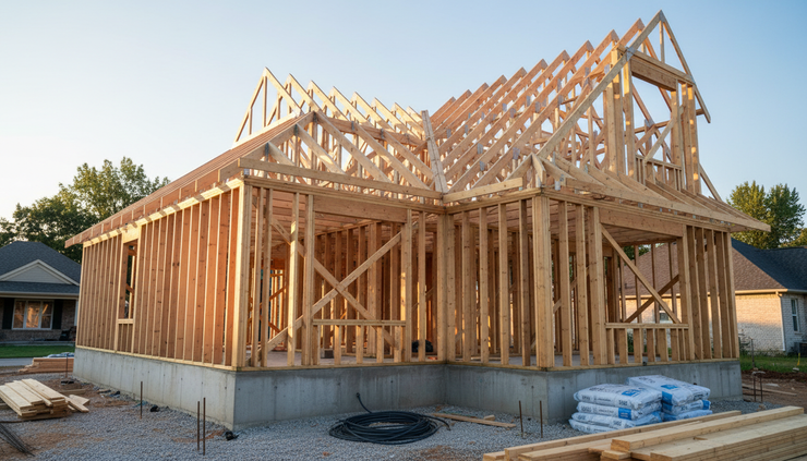 Low-angle view of a new home frame at a construction site.