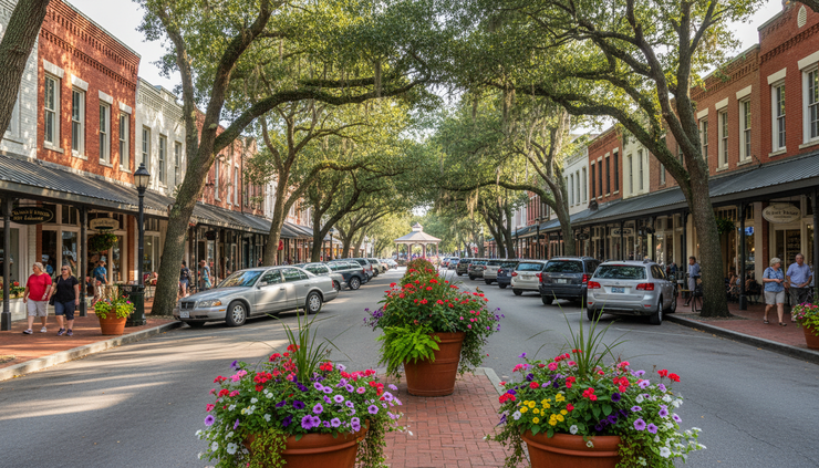 Wide-angle view of historic downtown Summerville with storefronts and trees.