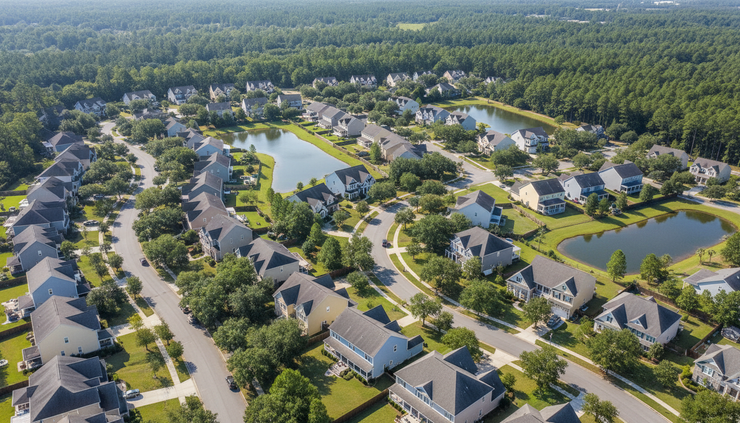 Aerial view of a Summerville neighborhood with homes, trees, and roads.