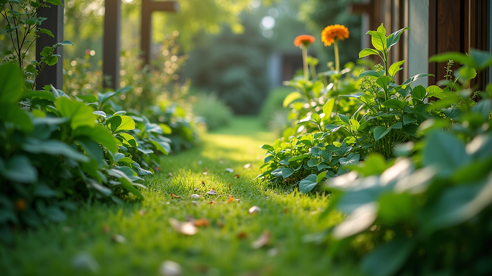 Eye-level view of a lush green garden with diverse plants
