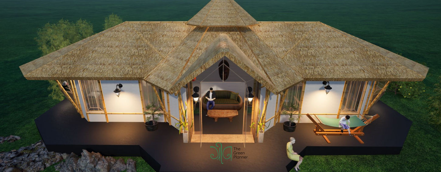 This Tranquil Space a 2 room Bamboo cottage is structured in engineered bamboo pillars, Bamboo & Mud plastered walls with Lime finish & elegant sloping roofs topped with thatch.
This minimalist 1000 sqft cottage is perfect for luxurious Villa for resorts, & eco getaways.
The Green Planner designs & builds sustainable structures with natural and eco friendly materials.