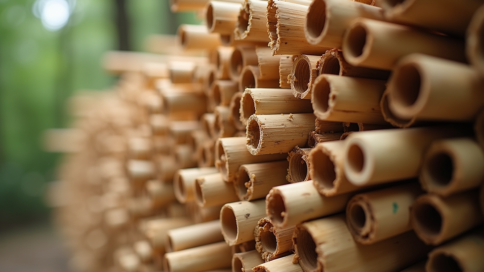 Close-up view of bamboo stalks bundled for construction