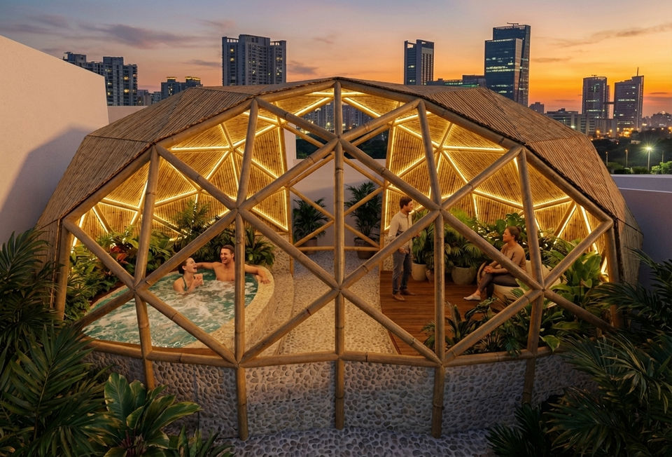 Rooftop Lounge, Bamboo, Geodesic, Dome, Jacuzzi.