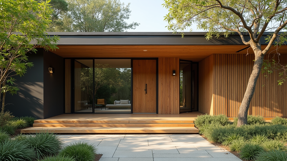 Eye-level view of a modern home exterior featuring bamboo and reclaimed wood