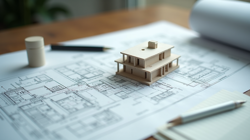 High angle view of architectural blueprint and scale model on desk