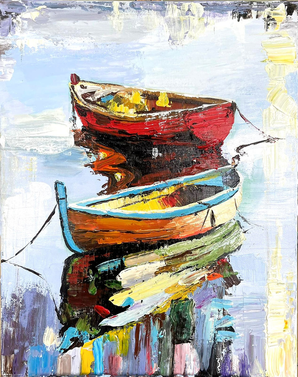 canvas painting of two boats in a harbour