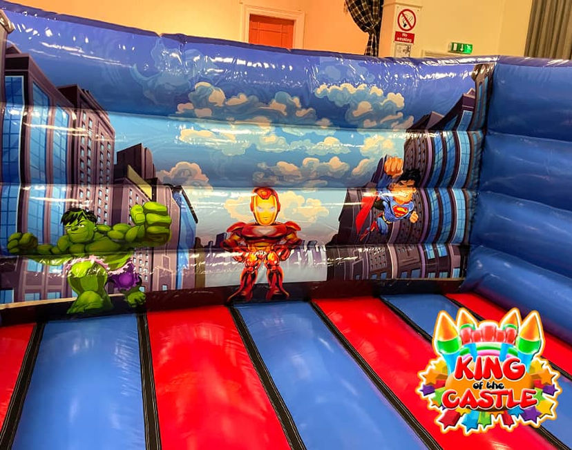 Low Height Super Heroes Bouncy Castle Hire in Dunfermline, Glenrothes and Kirkcaldy plus Tullibody, Larbert and Alloa