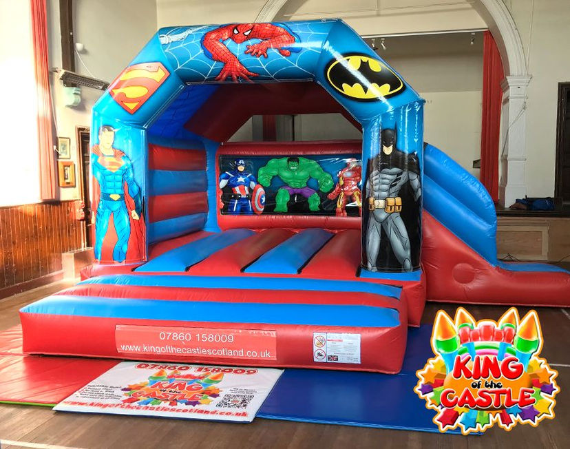 Super Heroes Bouncy Castle with Slide Rental throughout Fife: Dunfermline, Glenrothes & Kirkcaldy, plus Kinross, Alloa, Alva and Larbert