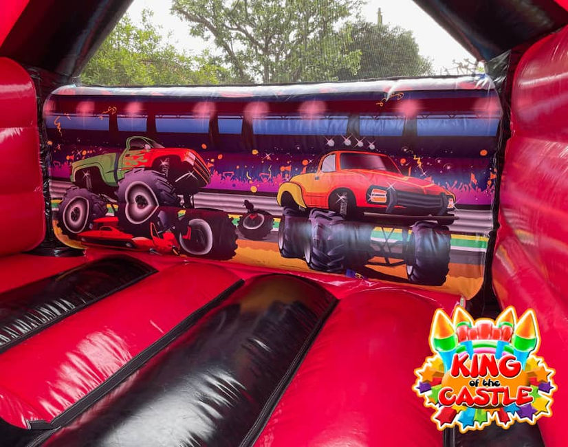 3D Monster Truck Bouncy Castle with Slide.  Available for parties, events snd school fun days throughout Fife: Dunfermline, Kirkcaldy and Glenrothes, plus Larbert, Kinross and Tullibody