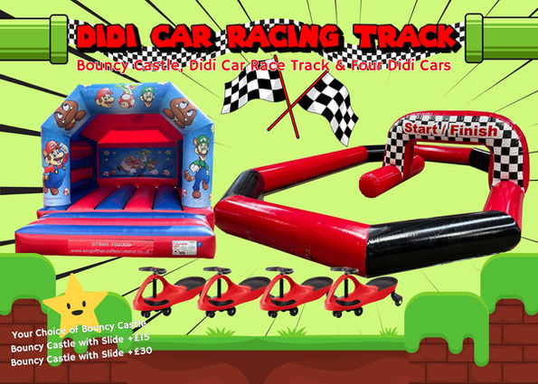 Get your party into high gear with our Didi Car racetrack and Bouncy castle package.
Available for delivery throughout Fife: Dunfermline, Glenrothes and Kirkcaldy, plus Kincardine, Alloa and Milnathort