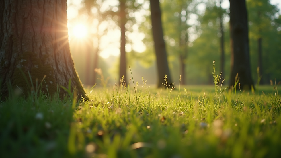 Close-up view of a serene nature scene with soft sunlight filtering through trees