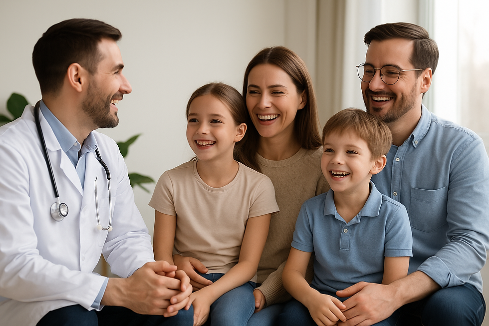 Família sorridente reunida em consulta médica com profissional de saúde