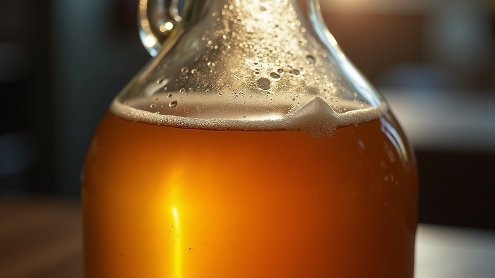 Eye-level view of a glass carboy with cider fermenting inside