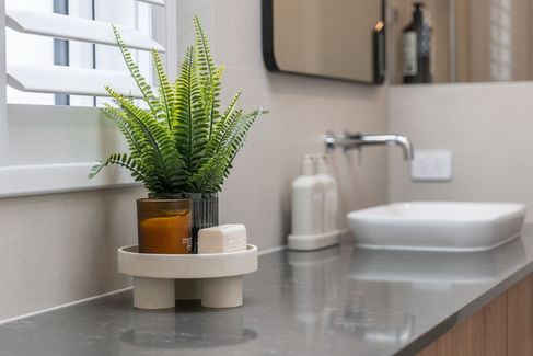 Modern bathroom vanity with a stone benchtop, stylish basin sink, and a decorative plant adding a touch of greenery. Soft neutral tones and natural light enhance the space.