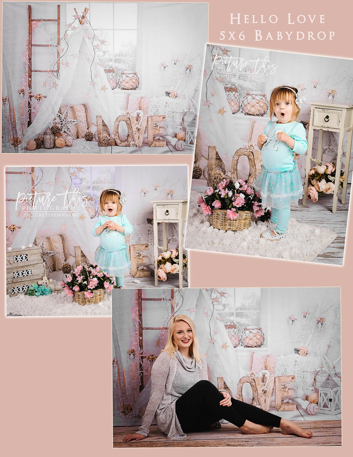 Photography Background 60x80 Hello Love Window Vintage Creams & Rose Gold