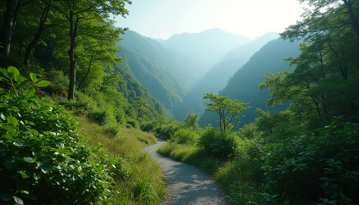 高尾山の緑豊かな山道を見下ろす広角の風景