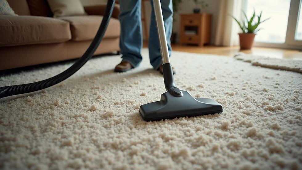 High angle view of a cleaner vacuuming a living room carpet