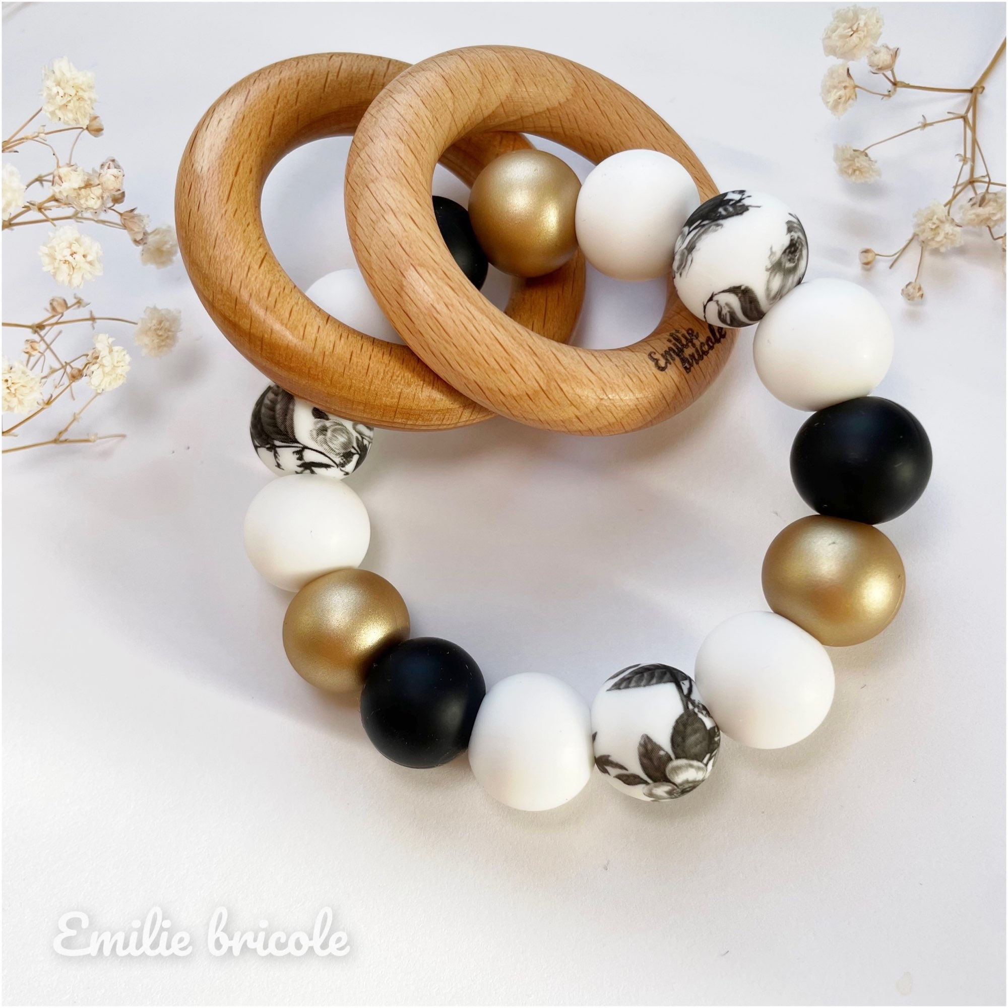 Anneau de dentition fleurs WHITE et doré