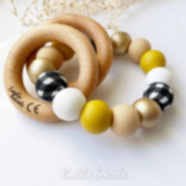 Hochet double anneaux - Vichy Moutarde