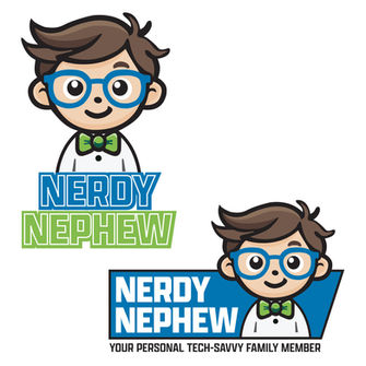 Cartoon-style logo of a nerdy boy, inspired by the client’s childhood appearance, representing a tech-focused brand.