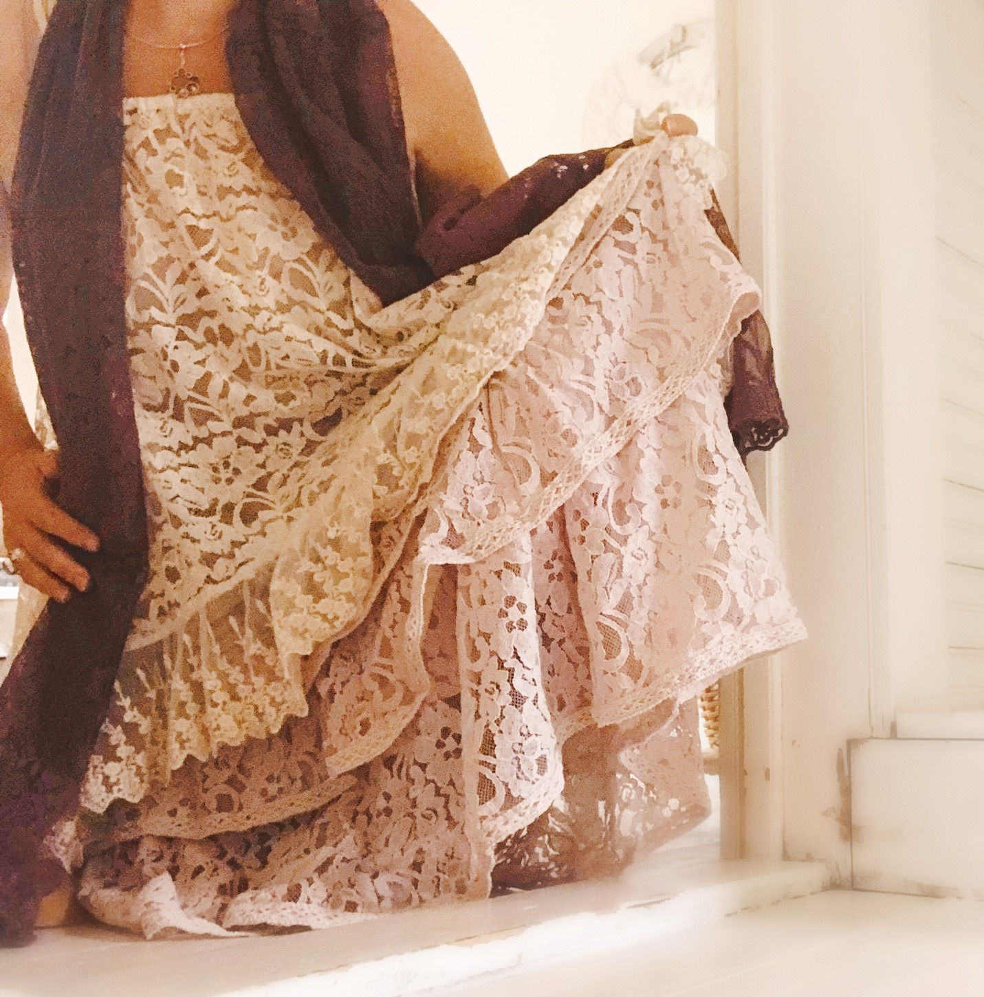 rose pink tiered lace midi skirt