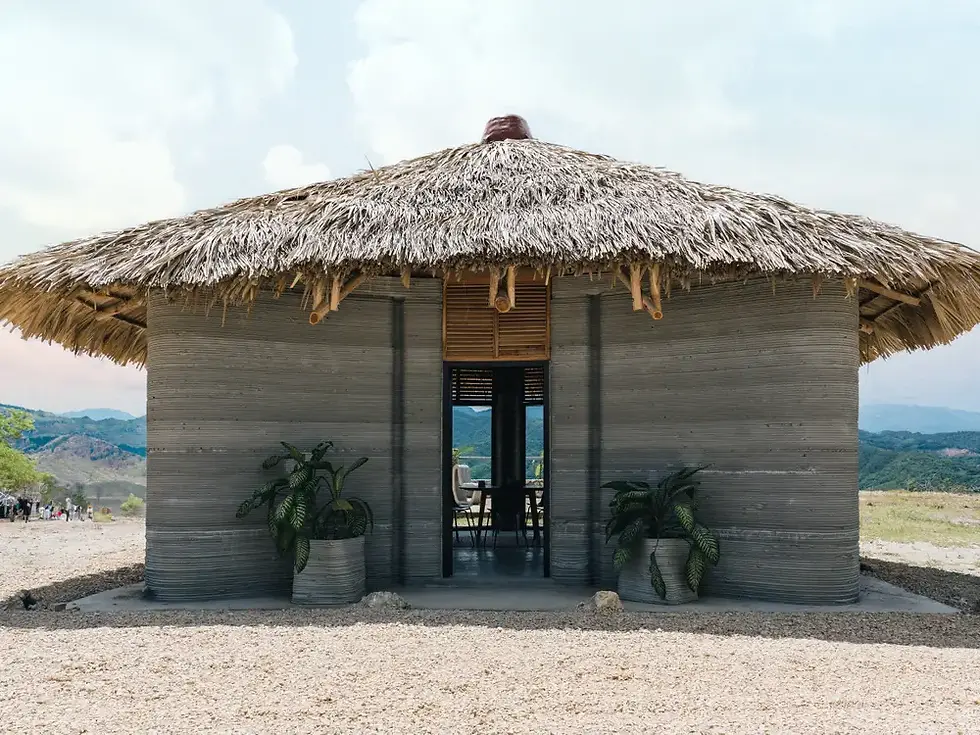 The 527-square-foot 3D-printed Tiny House in Guatemala defies earthquakes with palm leaves.