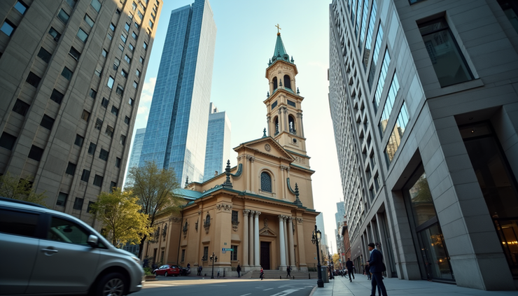 Eye-level view of an ancient church building standing amid a modern city skyline